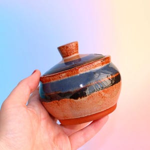 Könnte beinhalten: Ein kleiner, runder Keramiktopf mit Deckel. Der Topf hat braune, schwarze und blaue Streifen. Der Deckel hat einen kleinen Griff. Der Topf wird in einer Hand gehalten.