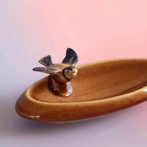 May include: A glossy, oval-shaped ceramic trinket dish in a warm caramel brown glaze. A small, three-dimensional bird figurine with dark brown and black wing details is attached to one end of the dish, appearing to perch on the rim.