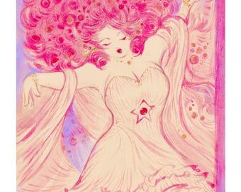 Rose Quartz Hand Embellished Art Print, Real Gold Accents, Pink Floral Goddess Painting, Gouache Fan Art, 8.5x11 Wall Art