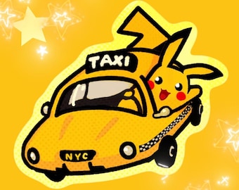 Pika NYC Taxi Sticker | Yellow Cab Kawaii Die Cut Sticker | Cute Anime Fan Art | Waterproof Vinyl Laptop Sticker