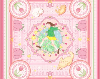 Skip and Loafer Inspired Silk Scarf | Floral Cat & Dog Square Scarf | Anime Fashion Accessory | 55cm Square Bandana