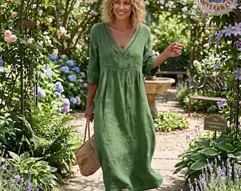 Summer Midi Dress Women | Boho V Neck Crochet Trim Dress | Casual Summer Green Dress | Flowy 3/4 Sleeve Garden Party Dress