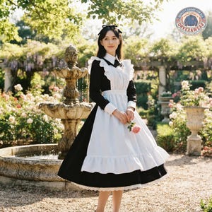 May include: A black long-sleeved dress with a white collar and cuffs, worn with a white ruffled apron featuring shoulder straps and a waist tie. A black hair bow is worn on the head. The top right corner displays a circular logo with the text ORVEXAWEAR.