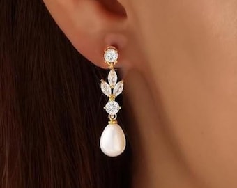 Freshwater Pearl Earrings, Diamond Leaf Drop Earrings, Crystal Bridal Earrings, Wedding Jewellery Gift, Bridesmaid Earrings