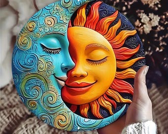 Sun and Moon Wooden Wall Art, Celestial Boho Garden Decor, 20cm