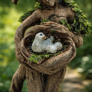 May include: A white bird with a small orange beak sits inside a nest-like hollow carved into a textured, brown, gnarled wooden structure. The nest contains green mossy accents and the bird is positioned next to two small, rounded white eggs.