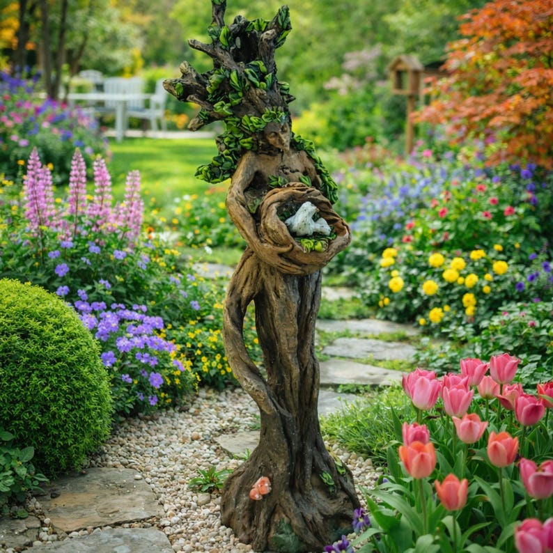 May include: A brown tree spirit sculpture with a textured bark-like body and green leaves crowning the head. The figure holds a circular nest containing a small white bird in its arms, standing upright on a base with small orange accents.