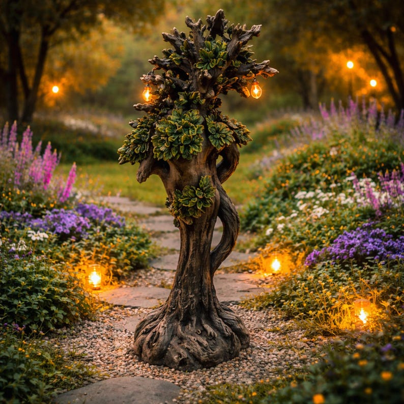 May include: A decorative garden sculpture shaped like a gnarled tree trunk with textured bark and clusters of green leaves. The sculpture features integrated small, glowing light bulbs nestled within the branches, creating a warm illumination.