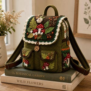 Puede incluir: Una mochila de ganchillo color verde oliva con una solapa decorada con setas rojas y blancas bordadas, helechos verdes y flores blancas. La mochila incluye dos bolsillos delanteros con motivos de setas, un cierre de botón de madera y correas marrones.