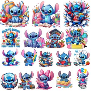 Puede incluir: Una colección de ilustraciones digitales que presentan al personaje alienígena azul Stitch en varios escenarios escolares, incluyendo mochilas, libros, lápices, birretes de graduación y suministros de matemáticas, con algunos diseños con texto.