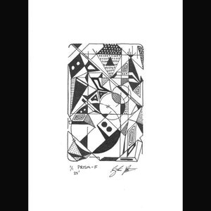 Puede incluir: Obra de arte geométrica abstracta en blanco y negro. La imagen presenta una disposición compleja de formas, incluyendo triángulos, círculos y líneas, creando una composición dinámica. El texto "1/1 PRISM-F 25'" es visible en la esquina inferior izquierda, con una firma a la derecha.