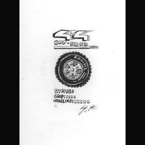 Puede incluir: Ilustración en blanco y negro de un neumático 4x4 todoterreno con la palabra "RADIAL". La imagen incluye el texto "4x4 OFF-ROAD" y las indicaciones "STATS: GRIP: 0000 HANDLING: 00000". La ilustración está firmada.