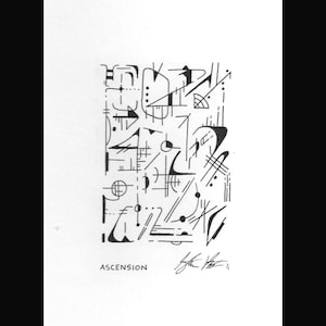 Puede incluir: Impresión de arte abstracto en blanco y negro con una compleja disposición de formas geométricas, líneas y puntos. La palabra "ASCENSION" está impresa en la parte inferior, con una firma debajo. La obra de arte está sobre un fondo blanco.