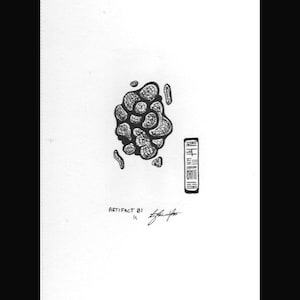 Puede incluir: Un dibujo a tinta en blanco y negro de una forma abstracta con un grupo de formas interconectadas. La obra de arte incluye un elemento rectangular vertical con caracteres asiáticos y el texto "ARTIFACT 01".