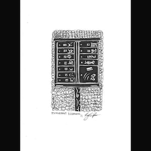 Puede incluir: Ilustración en blanco y negro de un buzón con compartimentos, cada uno con símbolos. El buzón está rodeado por un borde texturizado. El texto "STUYVESANT & VERNON" está en la parte inferior.