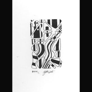 Puede incluir: Obra de arte abstracta en blanco y negro con la palabra "BACON" y una firma. La obra presenta una variedad de formas y patrones, incluyendo rayas, curvas y formas geométricas, creando una composición dinámica.