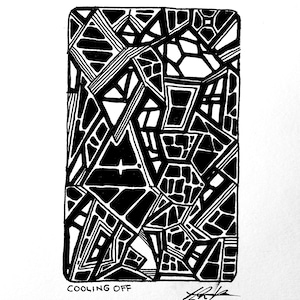 Puede incluir: Obra de arte abstracta en blanco y negro con formas y líneas geométricas. La obra presenta una composición rectangular llena de varias formas interconectadas, incluyendo triángulos y polígonos. El texto "COOLING OFF" está en la parte inferior.