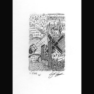 Puede incluir: Un dibujo en blanco y negro a pluma y tinta con las palabras "WEAR THERE'S SMOKE THEIR'S FIRE" y "BETWIX THE 2 OF US I HAVE NO IDEA". El dibujo incluye notas musicales, llamas y una cara de dibujos animados.