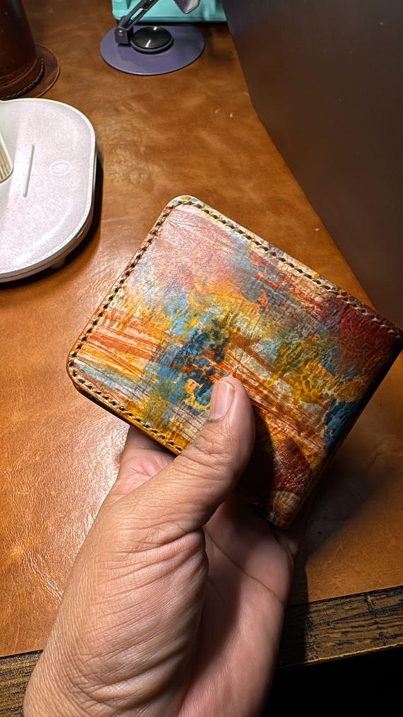 Slim Leather Card Holder | Handmade Abstract Cowhide Wallet, Minimalist Pocket Organizer