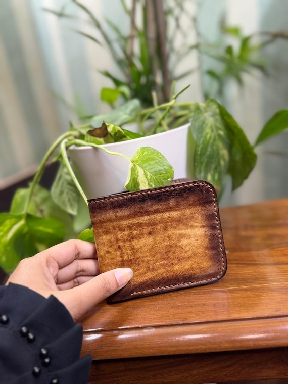 Handmade Vegetable Tanned Leather Bifold Wallet, Slim Minimalist Card Holder