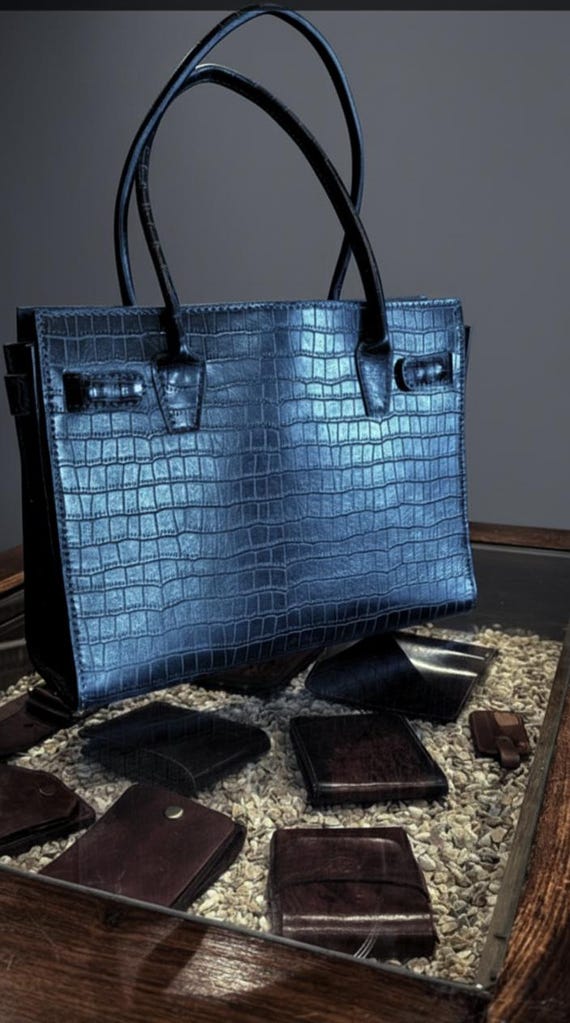 Handcrafted Crocodile Embossed Leather Tote Bag | Navy Blue