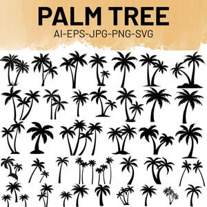 May include: Black silhouette illustrations of various palm trees. The image includes a variety of palm tree designs, from single trees to clusters, with the text "PALM TREE" and file type information at the top.