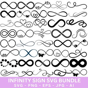 May include: A collection of black infinity symbol designs, some with hearts, butterflies, and other decorative elements. The image includes the text "INFINITY SIGN SVG BUNDLE" in white letters on a pink background.