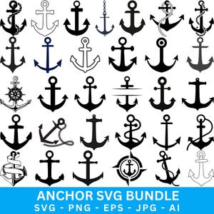 May include: A collection of various anchor designs in black and white. The anchors have different styles, including rope, chain, and nautical wheel details. The text "ANCHOR SVG BUNDLE" is at the bottom, with file type options.