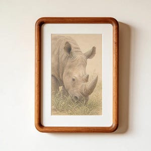 Op de afbeelding: Een ingelijste kunstdruk met een gedetailleerde potloodschets van een neushoorn die in hoog gras graast. Het kunstwerk zit in een afgeronde, middelbruine houten lijst met een witte passe-partout voor een strakke presentatie.