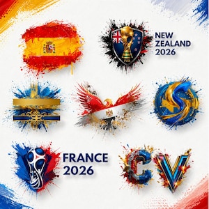 Könnte beinhalten: Eine Sammlung farbenfroher Grafikdesigns mit Flaggen und Emblemen. Enthält die spanische Flagge, ein neuseeländisches Emblem mit "NEW ZEALAND 2026", einen ägyptischen Adler, eine FIFA-Weltpokal-Trophäe, ein blau-goldenes Design, ein Design mit "CV" und "FRANCE 2026".