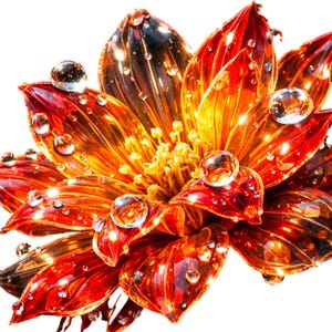May include: A close-up of a vibrant, orange and red flower with water droplets. The flower's petals are layered, with a gradient of colors from deep red to bright orange. The center of the flower is yellow, and the water droplets add a sparkling effect.