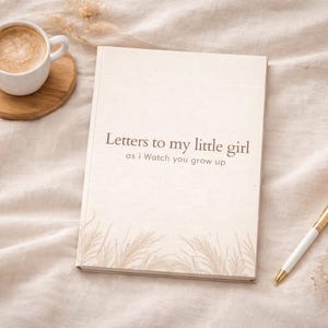 Op de afbeelding: Een crèmekleurig dagboek getiteld "Letters to my little girl as I Watch you grow up" met een decoratief grasontwerp. Een witte koffiekop op een houten onderzetter en een goud-witte pen zijn ook aanwezig.