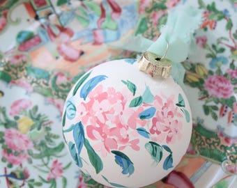 Pink and blue hydrangea chinoiserie hand-painted ornament