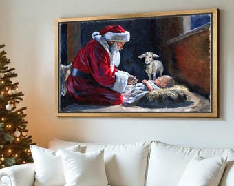 Santa kneeling before Baby Jesus painting, art canvas wrap, available framed. No. 419
