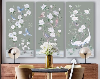 Cranes And Gardenias, A Green Chinoiserie Canvas Wrap. Sold separately, build a set of two or three panels.