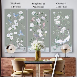 Cranes And Gardenias, A Green Chinoiserie Canvas Wrap. Sold separately, build a set of two or three panels.