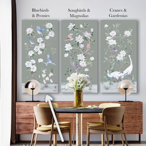 Bluebirds And Peonies, A Green Chinoiserie Canvas Wrap. Sold separately, build a set of two or three.