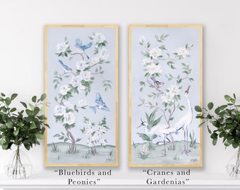 Bluebirds And Peonies, A Light Blue Chinoiserie Fine Art Print, Prints Sold Separately