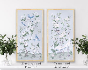 Bluebirds And Peonies, A Light Blue Chinoiserie Fine Art Print, prints sold separately