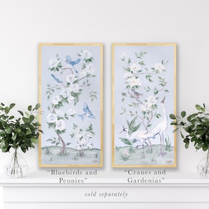 Bluebirds And Peonies, A Light Blue Chinoiserie Fine Art Print, prints sold separately