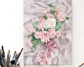 Original floral painting, "Compassion," pink, white, and tan flower bouquet tied with ribbon