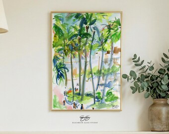 Hawaii watercolor art print, palm trees street scene at the Royal Hawaiian Center