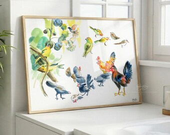 Birds of Hawaii watercolor art print from my travel sketchbook, O'ahu Honolulu Waikiki feral chickens