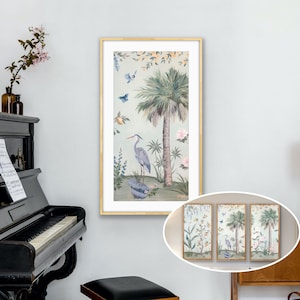 Oliva, un estampado chinoiserie tropical verde sobre papel. Se vende por unidad; crea un conjunto de dos o tres.