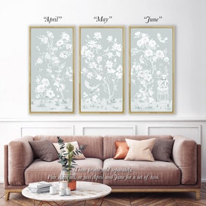 April, A Tonal Green Chinoiserie Canvas Wrap. Sold Separately, Build A Set Of Two Or Three