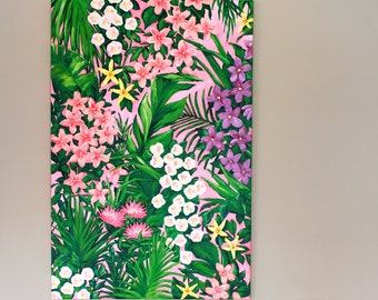 Tropical pink flowers and palms original acrylic painting. "Even the Palms Seem to Be Swaying"