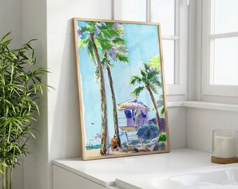 Hawaii watercolor art print, Waikiki beach palm trees, ocean, lifeguard tower