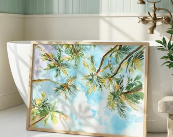 Looking up at palm trees, Hawaii watercolor art print, tropical art, beach sunset sky