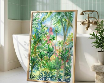 Hawaii watercolor art print, Royal Hawaiian pink hotel with tropical plants and flowers, palm trees