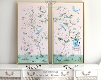 April, A Pink Chinoiserie Panel. Sold Separately. Girls Nursery Art Canvas Wrap, available framed